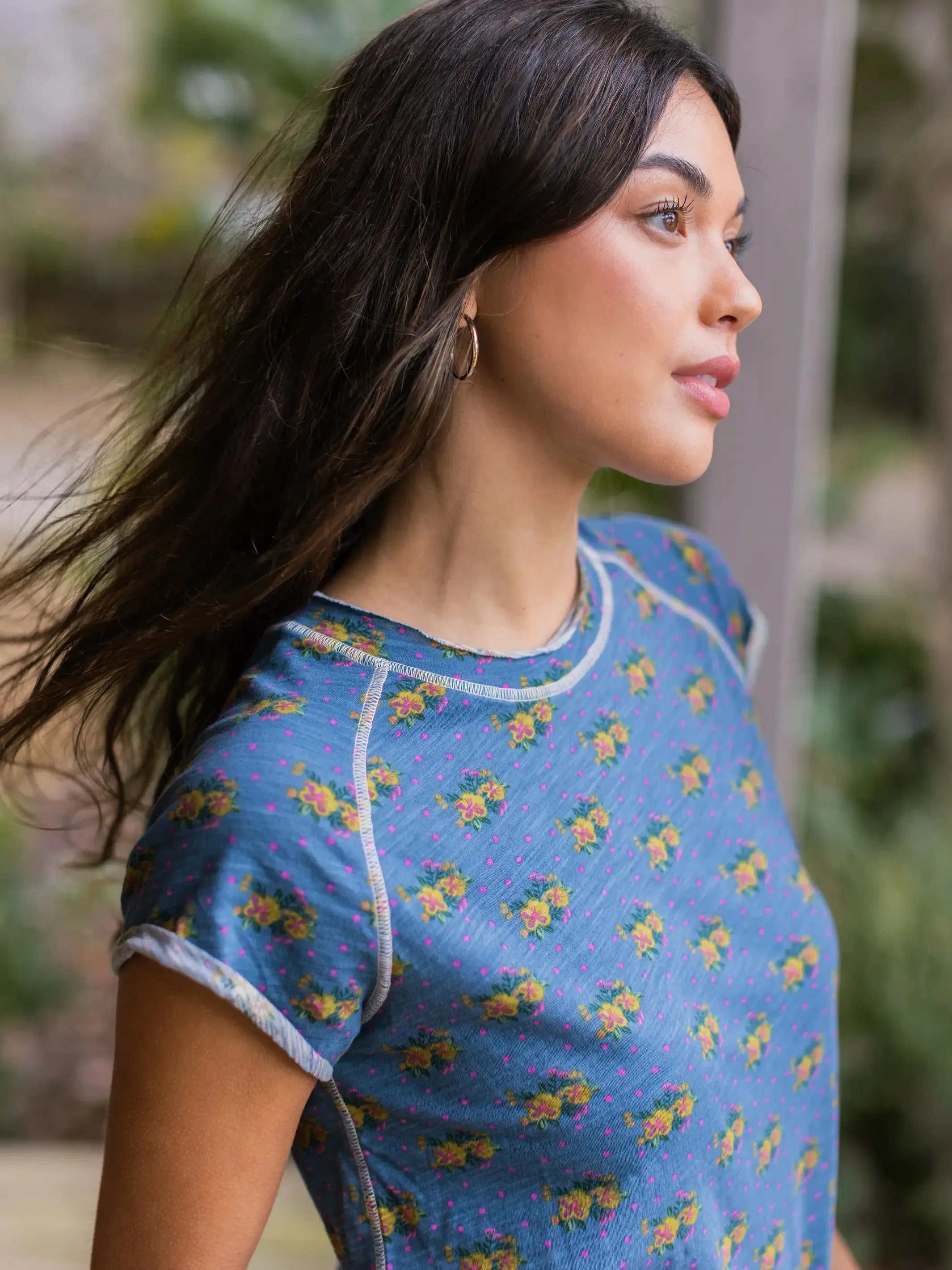 Lily Cotton Short Sleeve Tee Shirt - Floral Cluster Dots Blue sold by NATURAL LIFE product image thumbnail 2