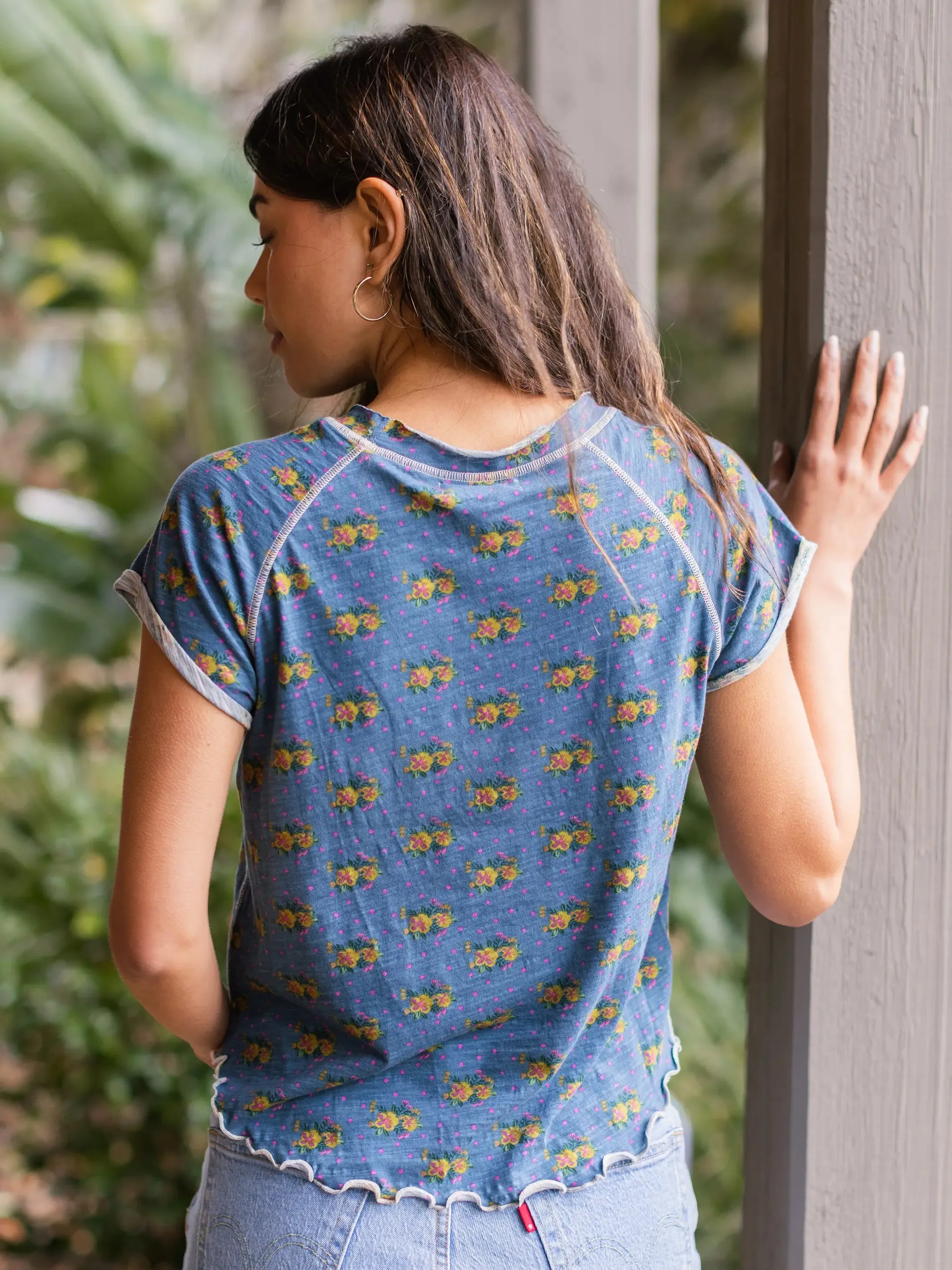 Lily Cotton Short Sleeve Tee Shirt - Floral Cluster Dots Blue sold by NATURAL LIFE product image thumbnail 4