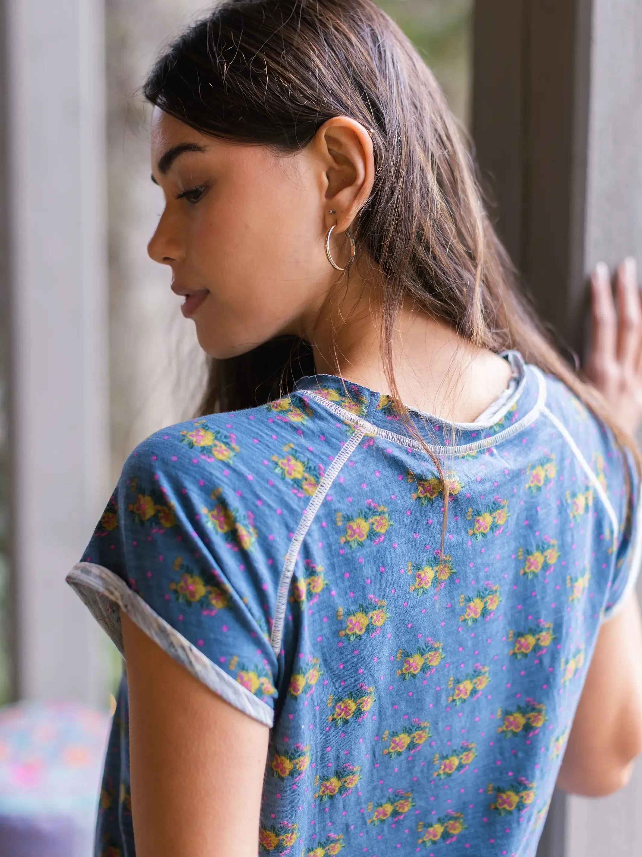Lily Cotton Short Sleeve Tee Shirt - Floral Cluster Dots Blue sold by NATURAL LIFE product image thumbnail 3
