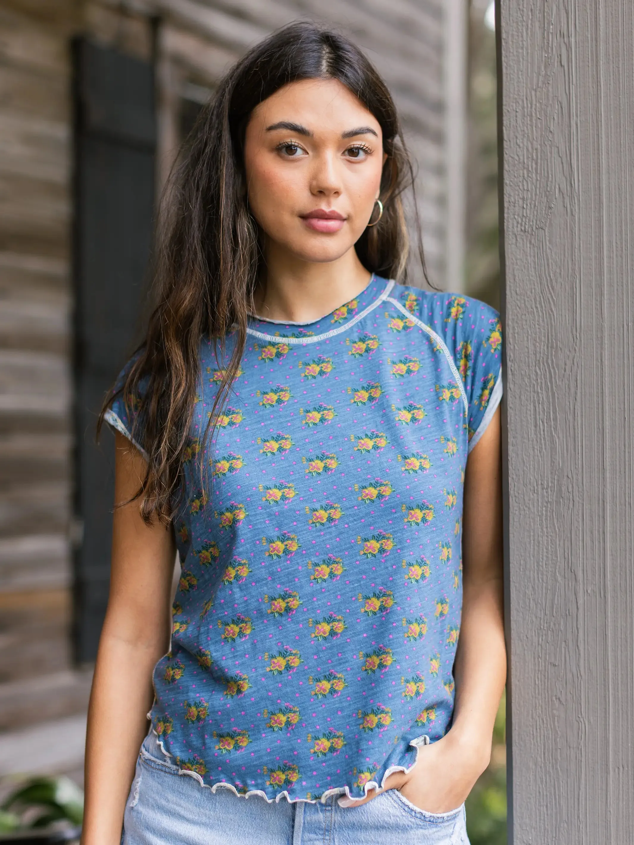 Lily Cotton Short Sleeve Tee Shirt - Floral Cluster Dots Blue sold by NATURAL LIFE