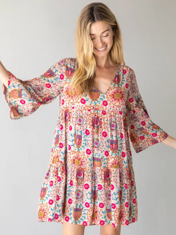 Charlotte Dress - Black Printed Folk Cream sold by NATURAL LIFE