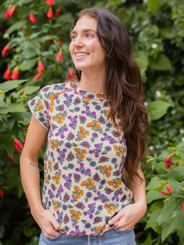 Lily Cotton Short Sleeve Tee Shirt - Outlined Tossed Blossoms Ivory sold by NATURAL LIFE