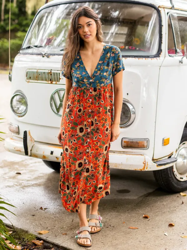 Avery Midi Dress - Teal Orange Mixed Floral sold by NATURAL LIFE