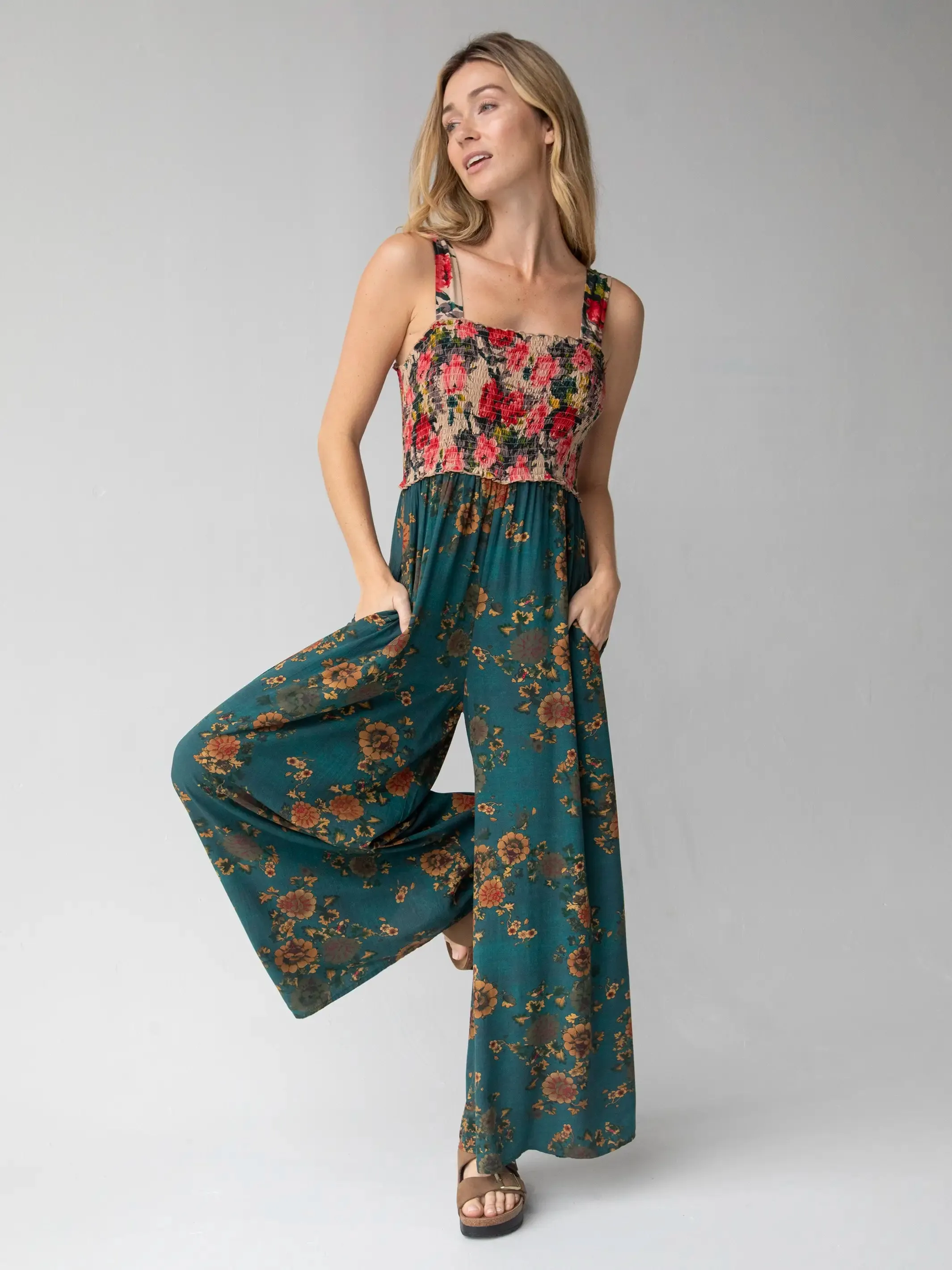 Sedona Jumpsuit - Tan Teal Mixed Floral sold by NATURAL LIFE product image thumbnail 3