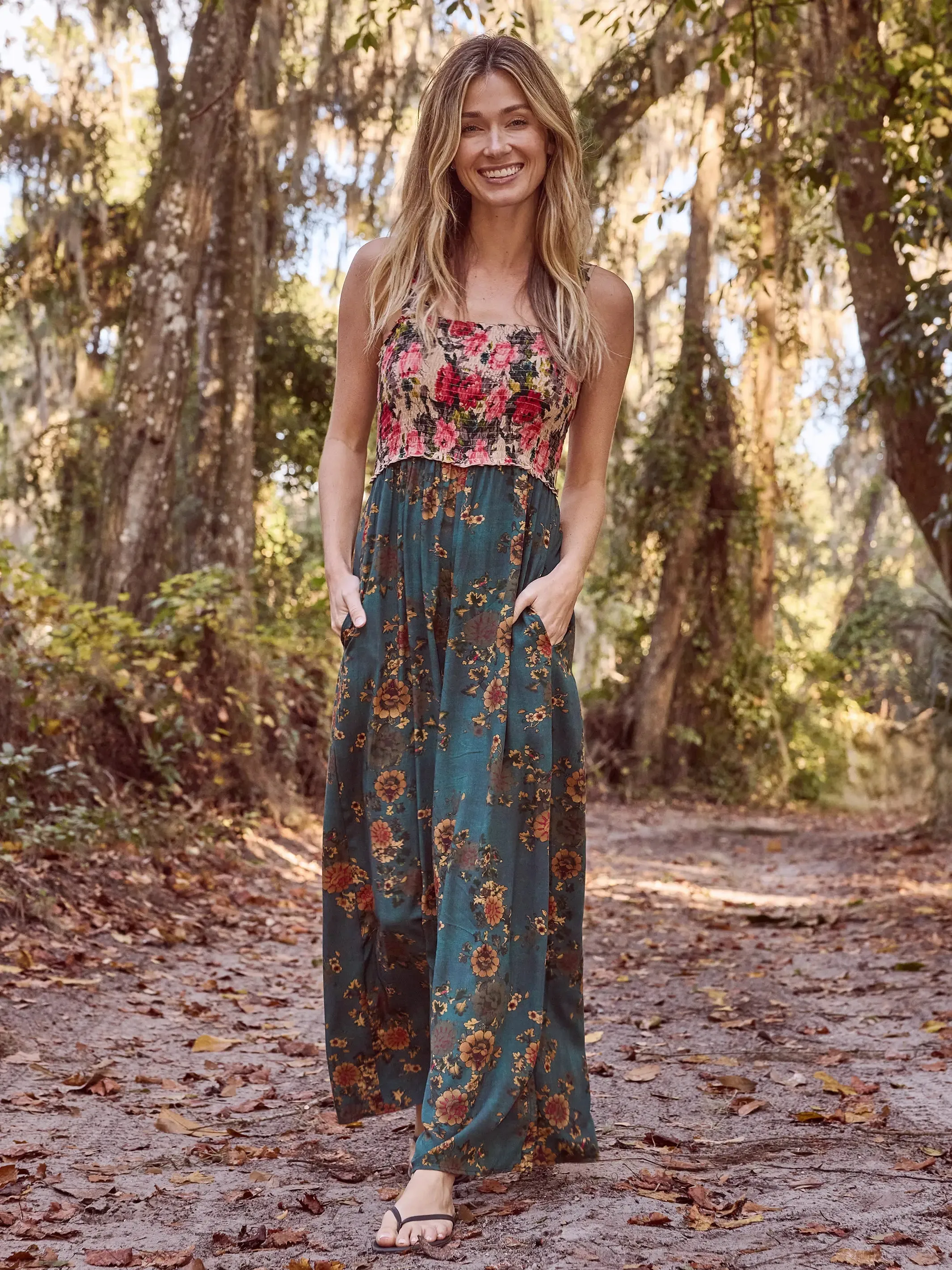 Sedona Jumpsuit - Tan Teal Mixed Floral sold by NATURAL LIFE