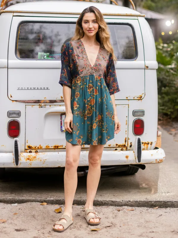 Stella V-Neck Mini Dress - Grey Navy Teal Mixed Floral sold by NATURAL LIFE