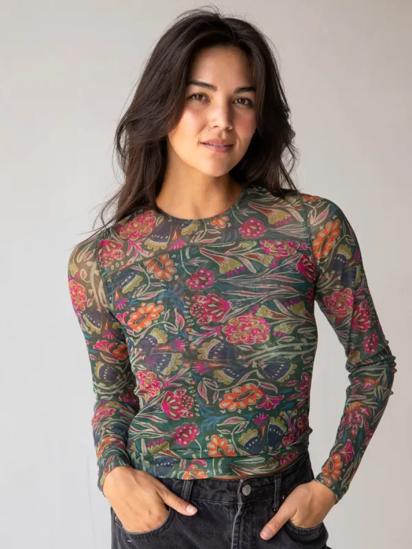 Sloane Mesh Long Sleeve Top - Green Painterly Vines sold by NATURAL LIFE