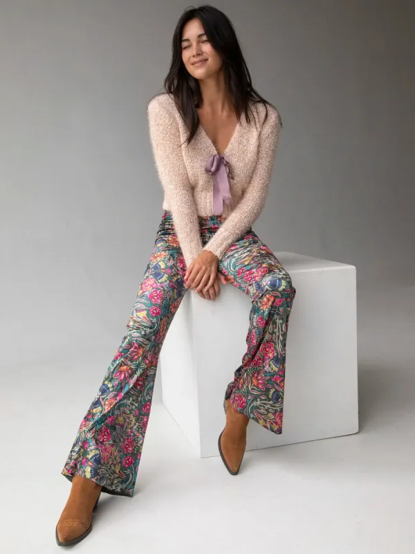 Cali Velvet Flare Pant - Green Painterly Vines sold by NATURAL LIFE