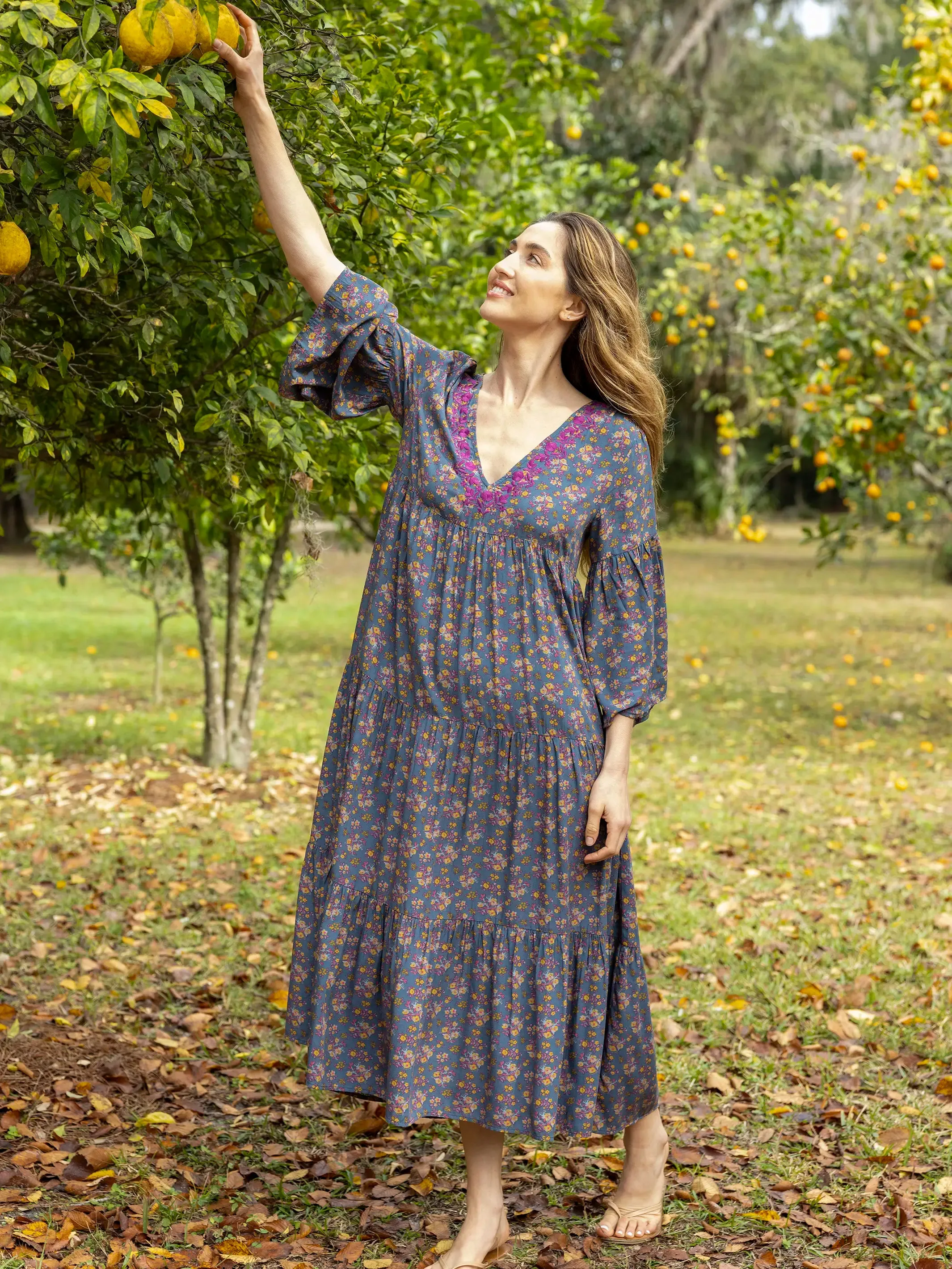 Charlotte Embroidered Midi Dress - Slate Floral Blooms sold by NATURAL LIFE product image thumbnail 4