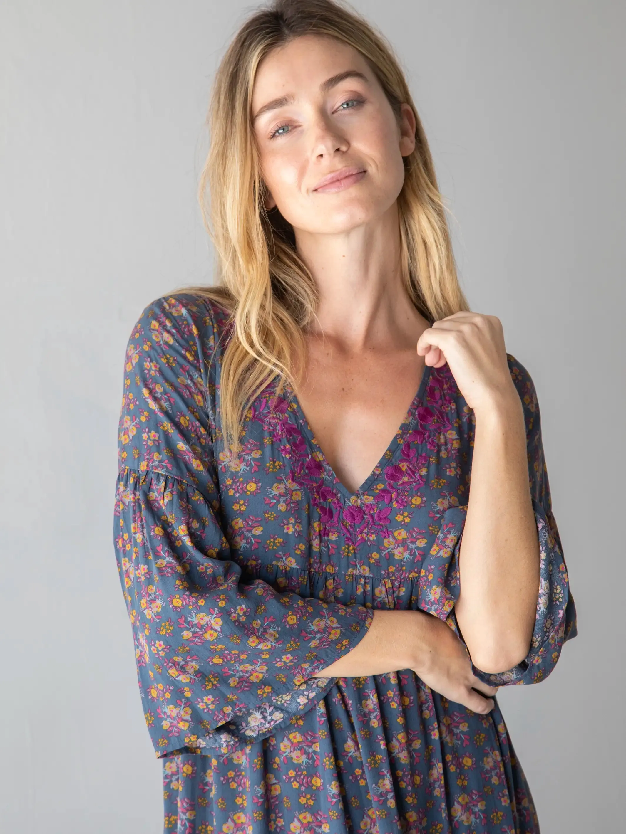 Charlotte Embroidered Midi Dress - Slate Floral Blooms sold by NATURAL LIFE product image thumbnail 2