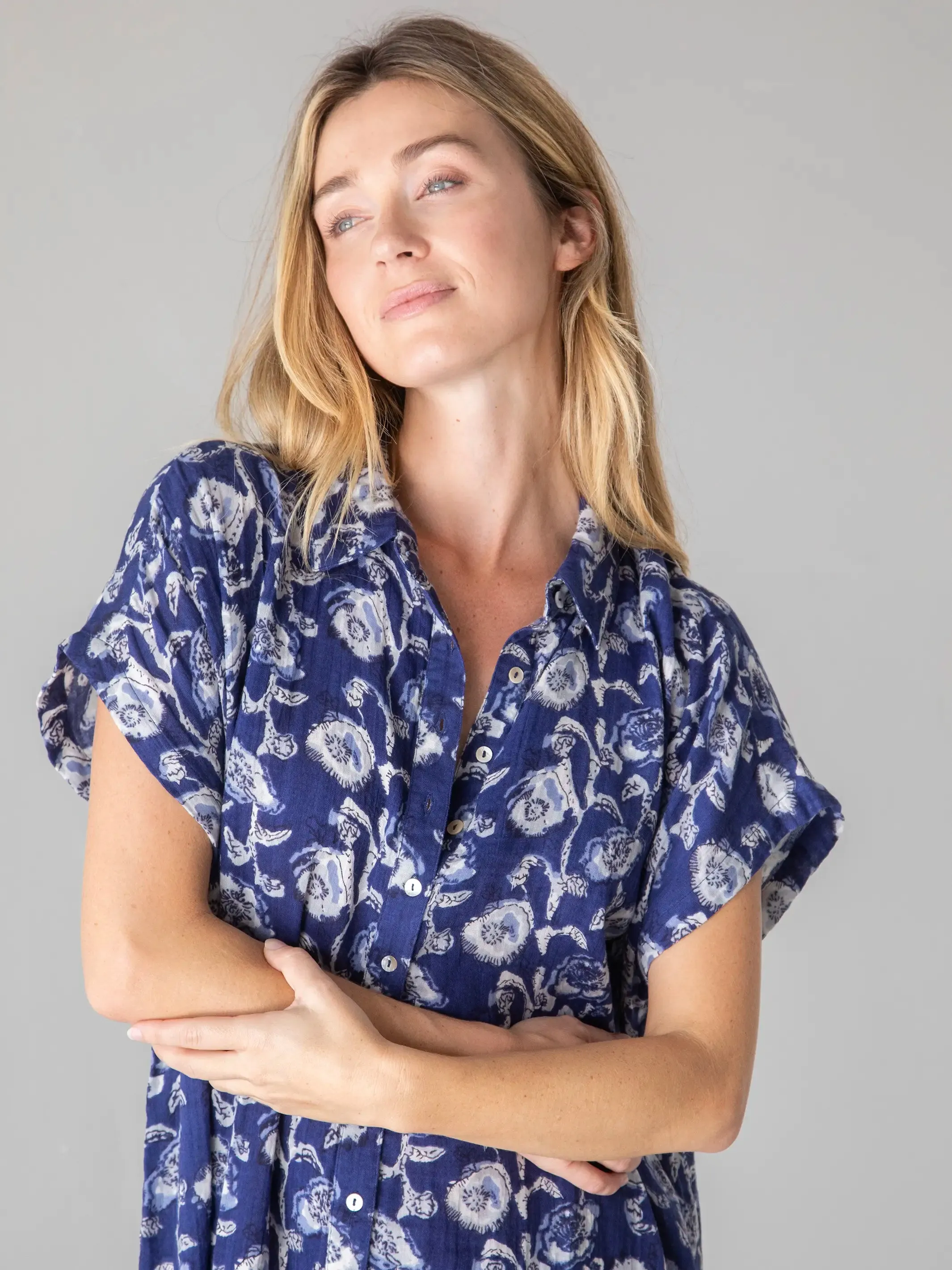 Take It Easy Cotton Gauze Midi Dress - Navy Cream Vines sold by NATURAL LIFE product image thumbnail 2