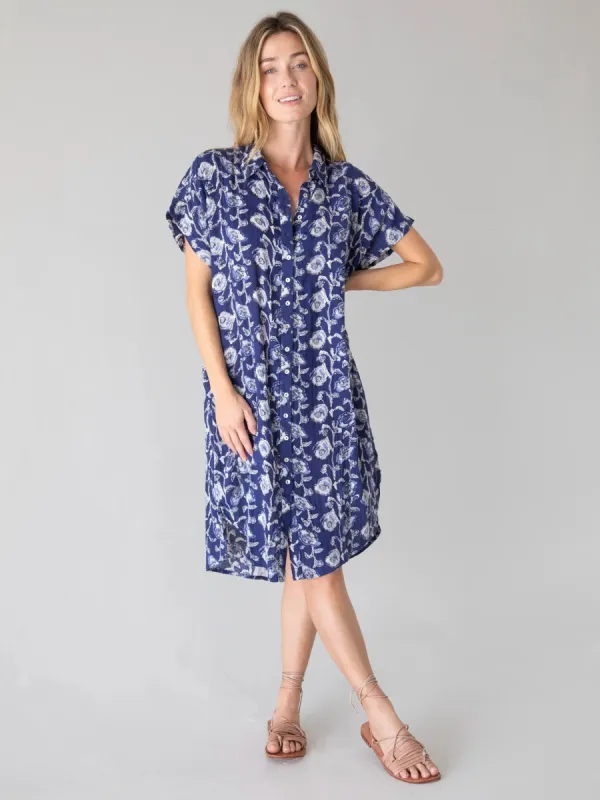 Take It Easy Cotton Gauze Midi Dress - Navy Cream Vines sold by NATURAL LIFE