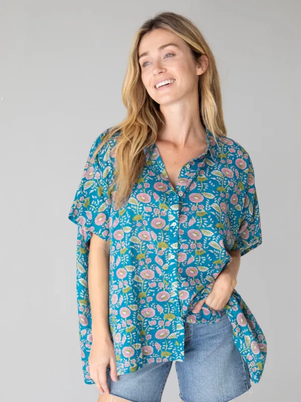 Kelly Oversized Cotton Button Down - Blue Pink Floral Vines sold by NATURAL LIFE
