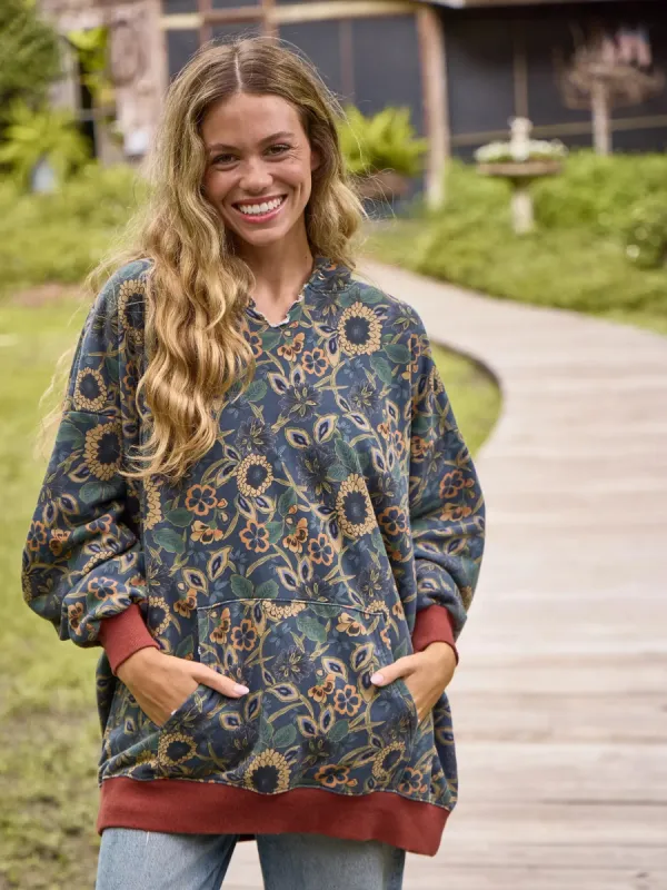 Oversized Printed Hoodie - Navy Tan Dahlias sold by NATURAL LIFE