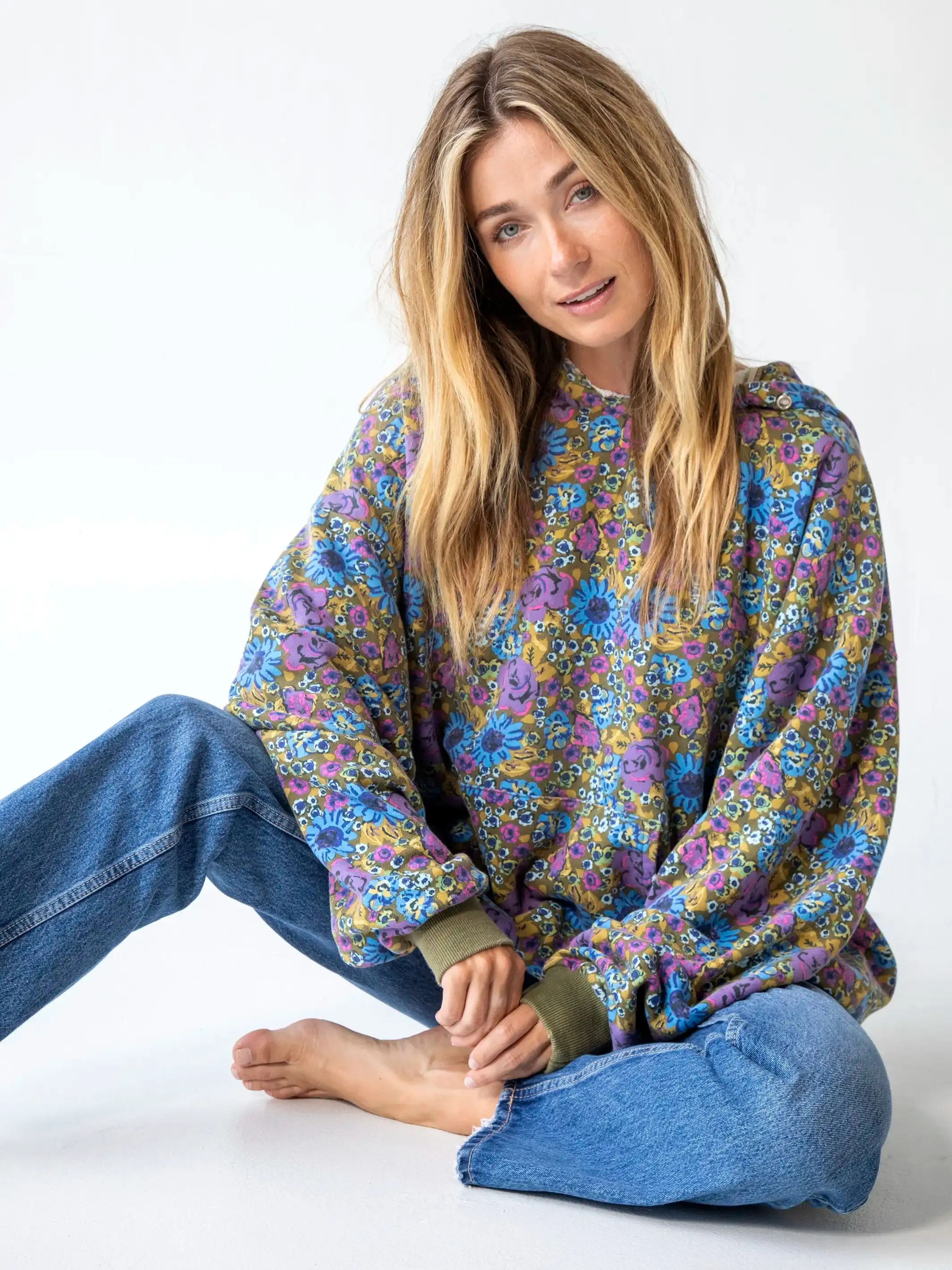 Oversized Printed Hoodie - Blue Rose Purple Daisy sold by NATURAL LIFE product image thumbnail 3
