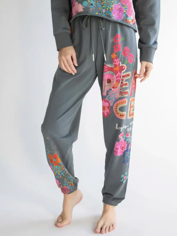 Life Is A Canvas Jogger Pants - Peace Charcoal sold by NATURAL LIFE