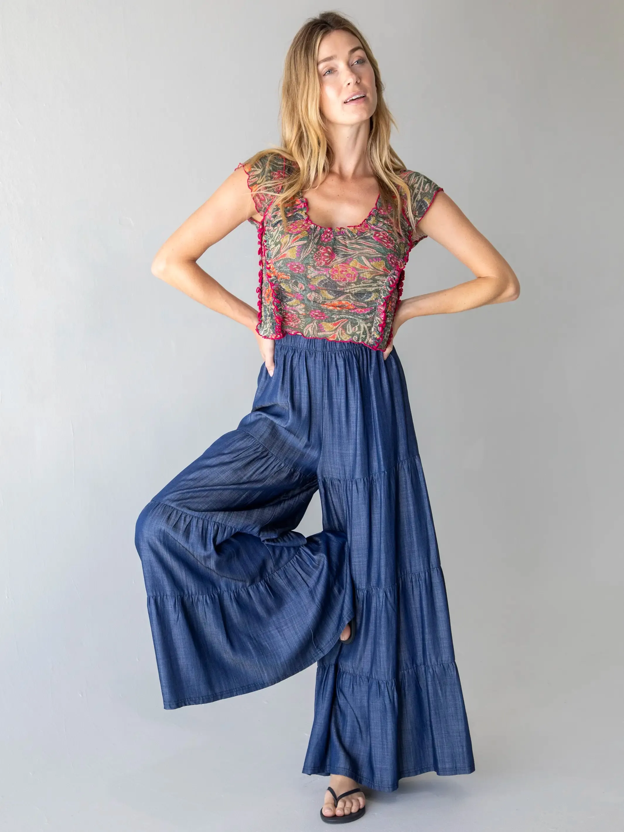 Brianna Ruffle Trim Top - Green Painterly Vines sold by NATURAL LIFE product image thumbnail 3