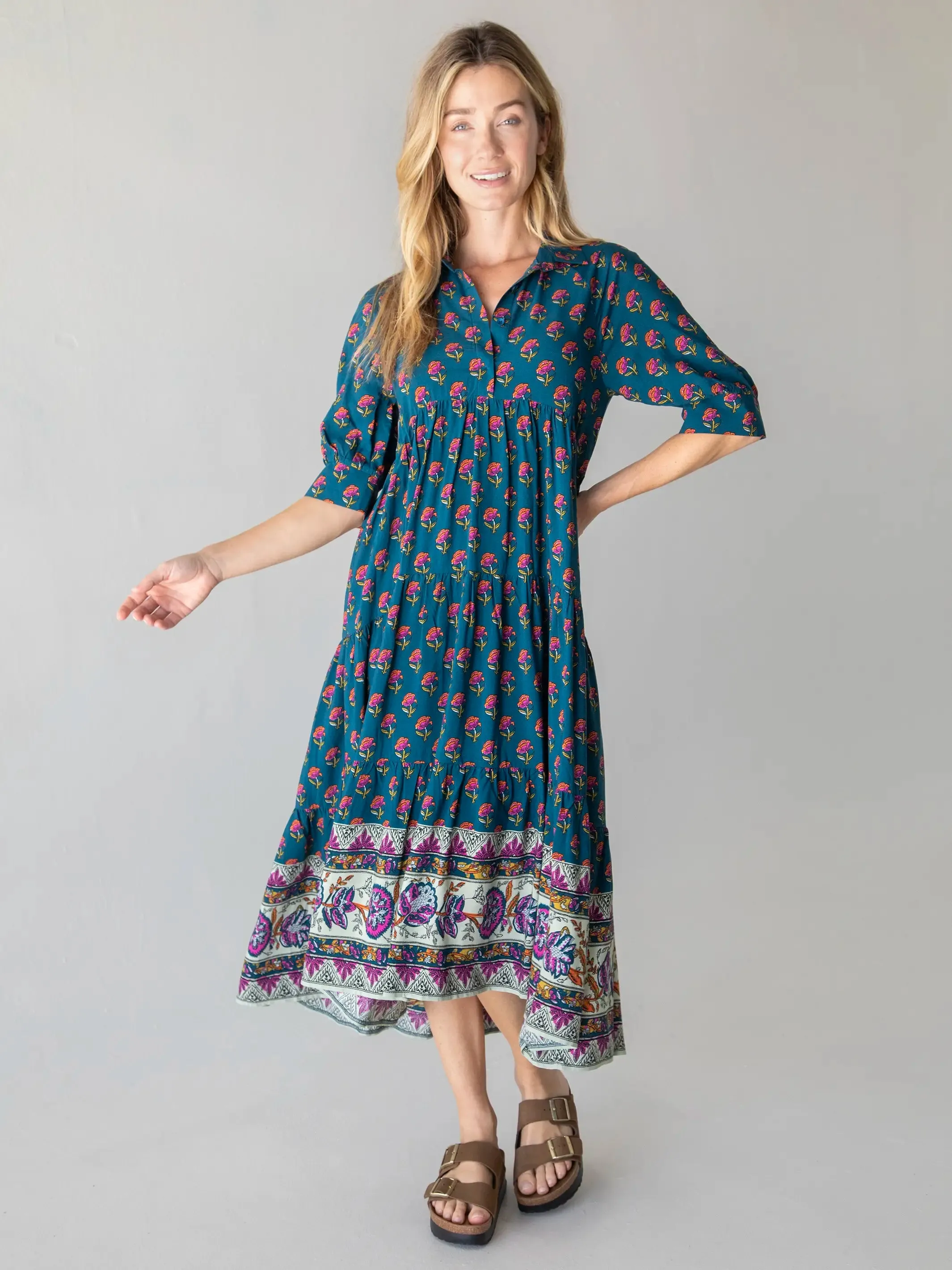 Rebecca Midi Dress - Navy Pink Roses Border sold by NATURAL LIFE