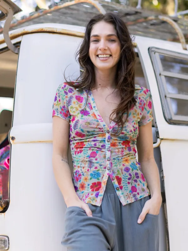 Carina Mesh Short Sleeve Top - Rainbow Garden Cream sold by NATURAL LIFE