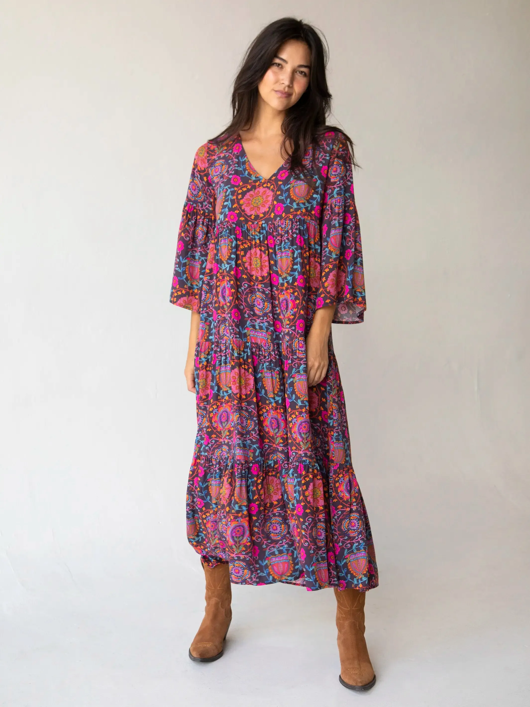 Charlotte Midi Dress - Black Pink Folk Floral sold by NATURAL LIFE product image thumbnail 3