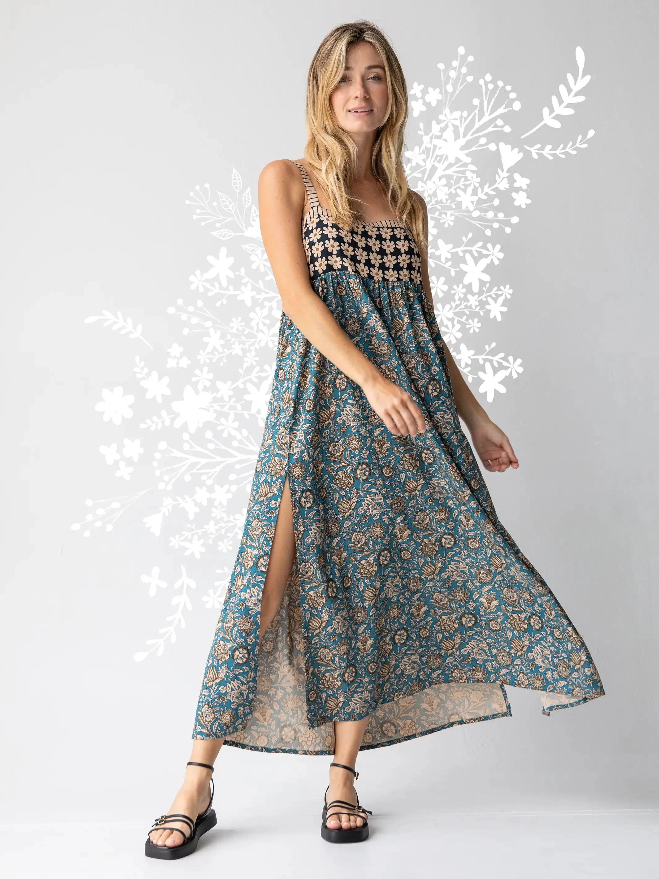 Patti Side Slit Maxi Dress - Teal Cream Mixed Floral sold by NATURAL LIFE