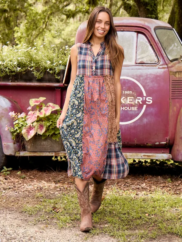 Harper Mixed Print Midi Dress - Plaid Floral Mixed Print sold by NATURAL LIFE