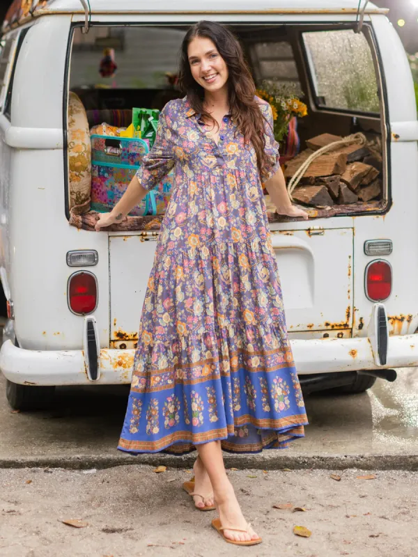 Rebecca Midi Dress - Blue Yellow Roses sold by NATURAL LIFE