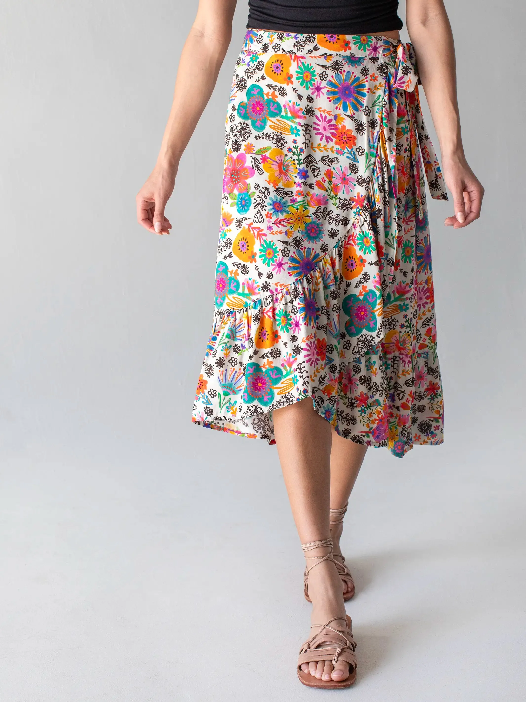 Sabrina Ruffle Wrap Skirt - Rainbow Watercolor Blossoms sold by NATURAL LIFE product image thumbnail 2