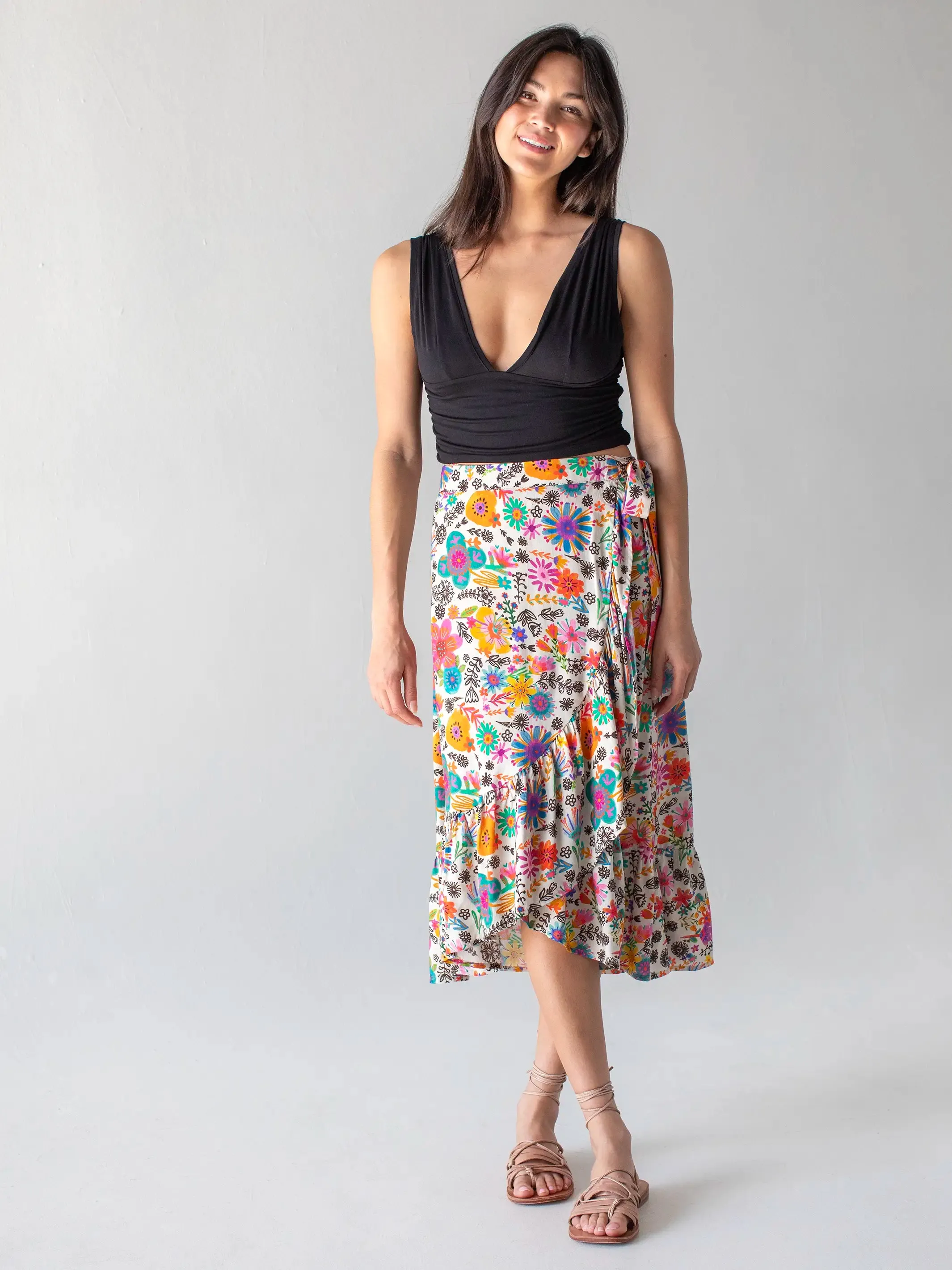 Sabrina Ruffle Wrap Skirt - Rainbow Watercolor Blossoms sold by NATURAL LIFE