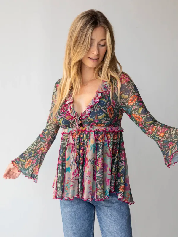 Sierra Ruffle Mesh Top - Green Painterly Vines sold by NATURAL LIFE