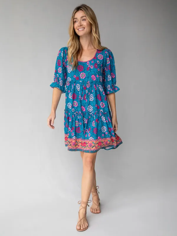 Collette Mini Dress - Blue Pink Floral Border sold by NATURAL LIFE