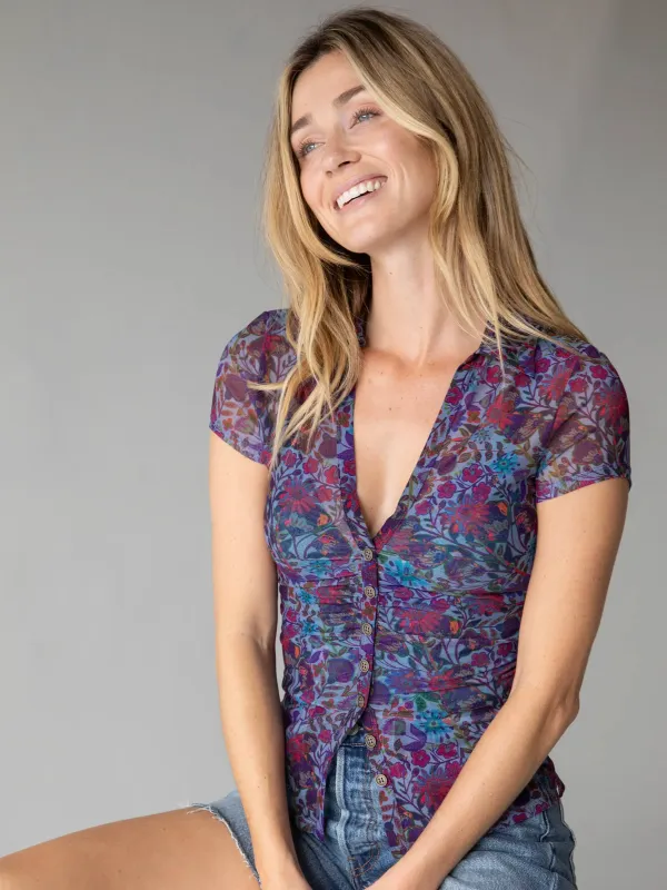 Carina Mesh Short Sleeve Top - Dark Purple Daisies sold by NATURAL LIFE