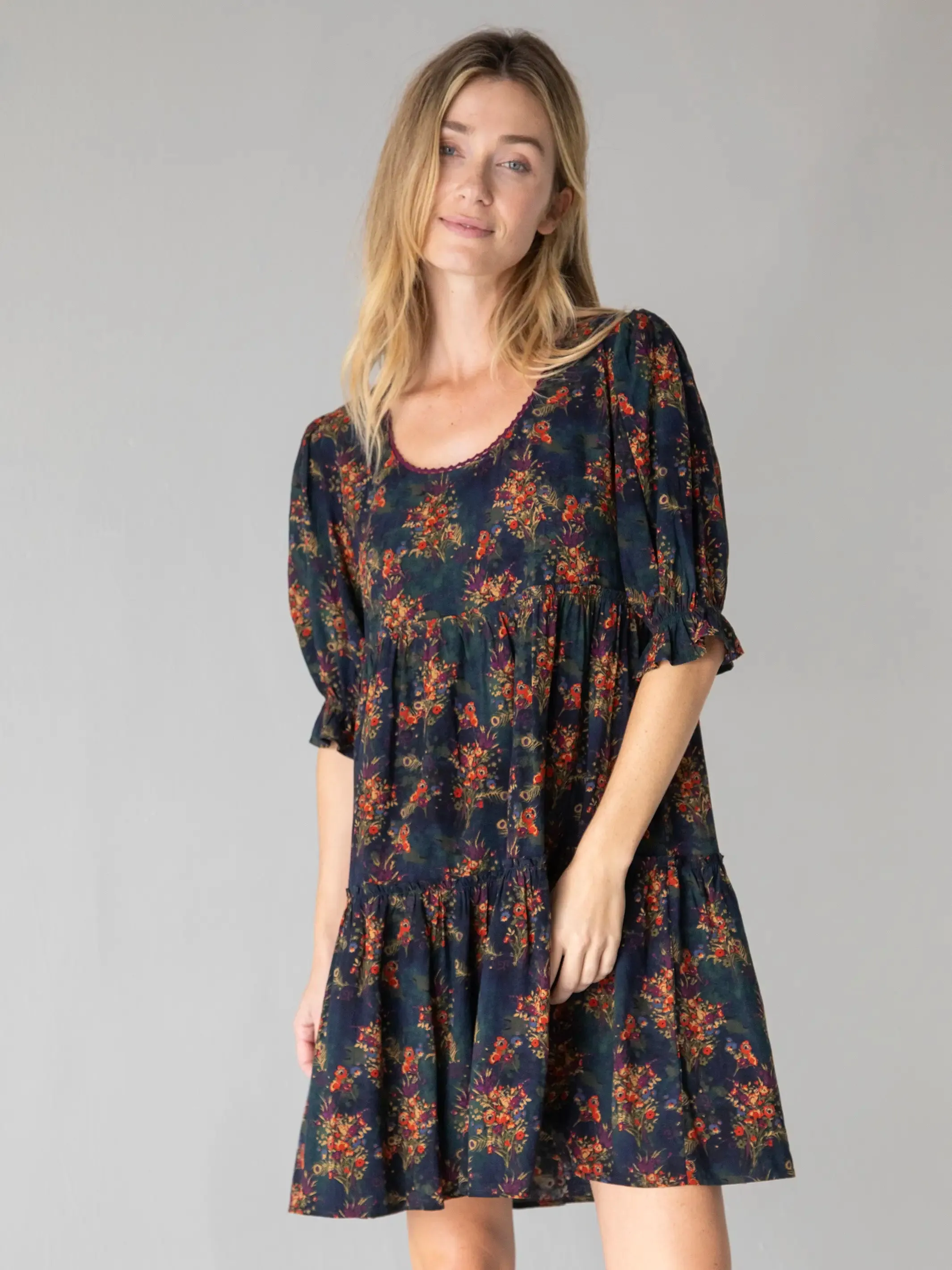Collette Mini Dress - Navy Red Feathers sold by NATURAL LIFE