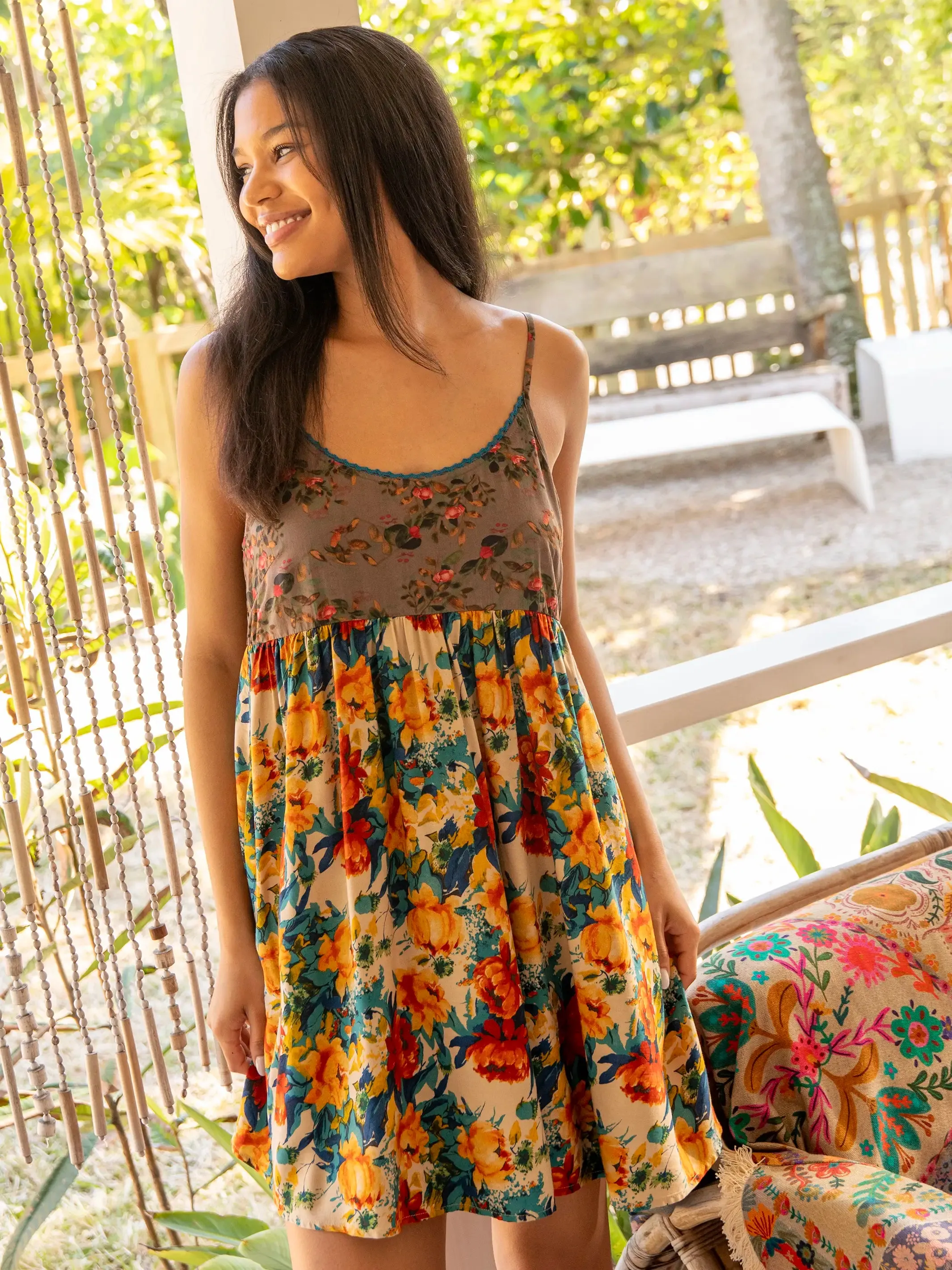 Gigi Mini Dress - Grey Orange Roses sold by NATURAL LIFE