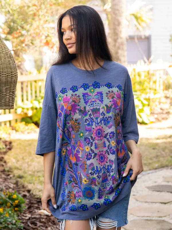 One Size Cotton Easy Tee - Navy Folk Garden sold by NATURAL LIFE