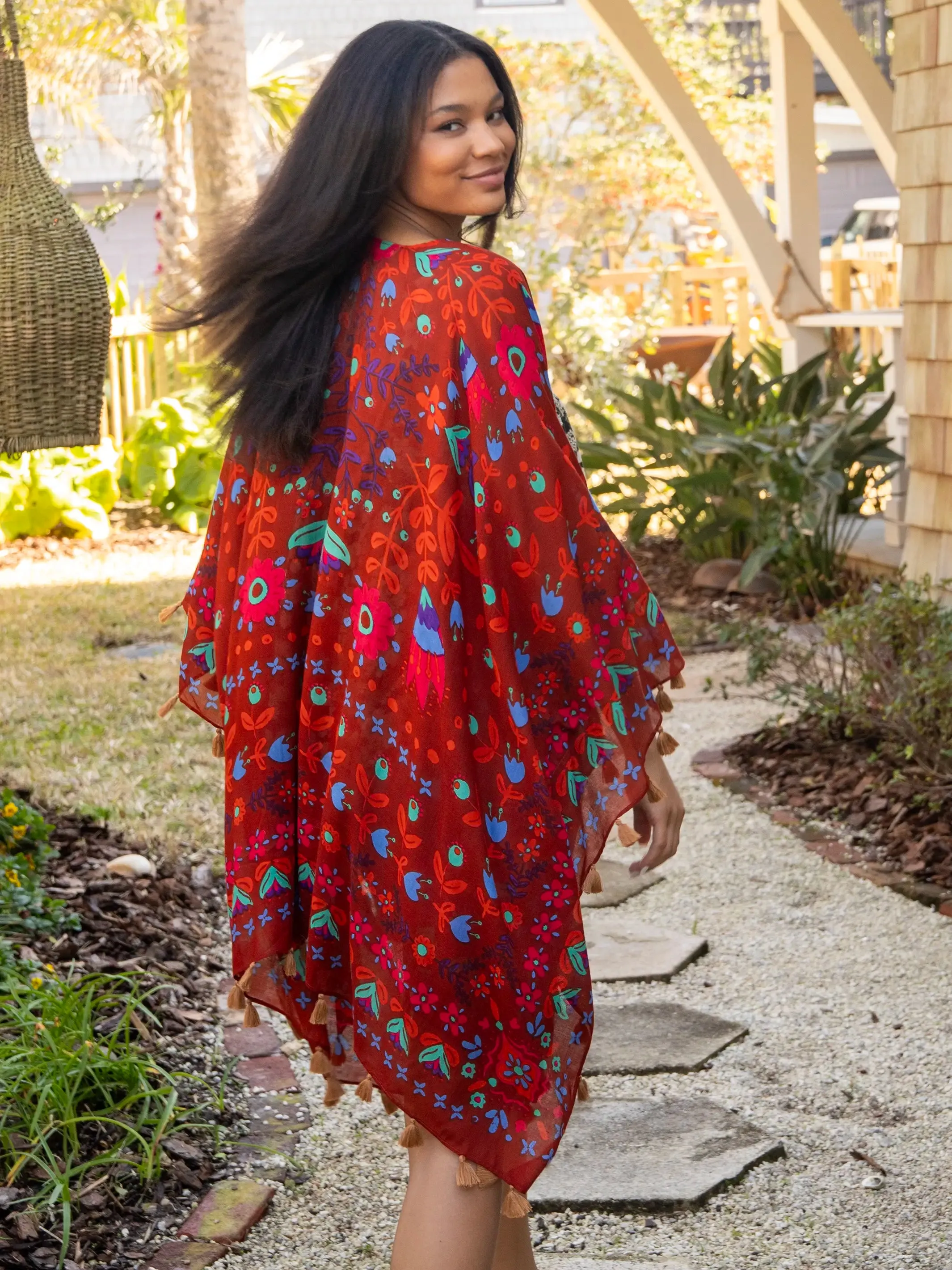 Soleil Tassel Kimono - Red Floral Border sold by NATURAL LIFE