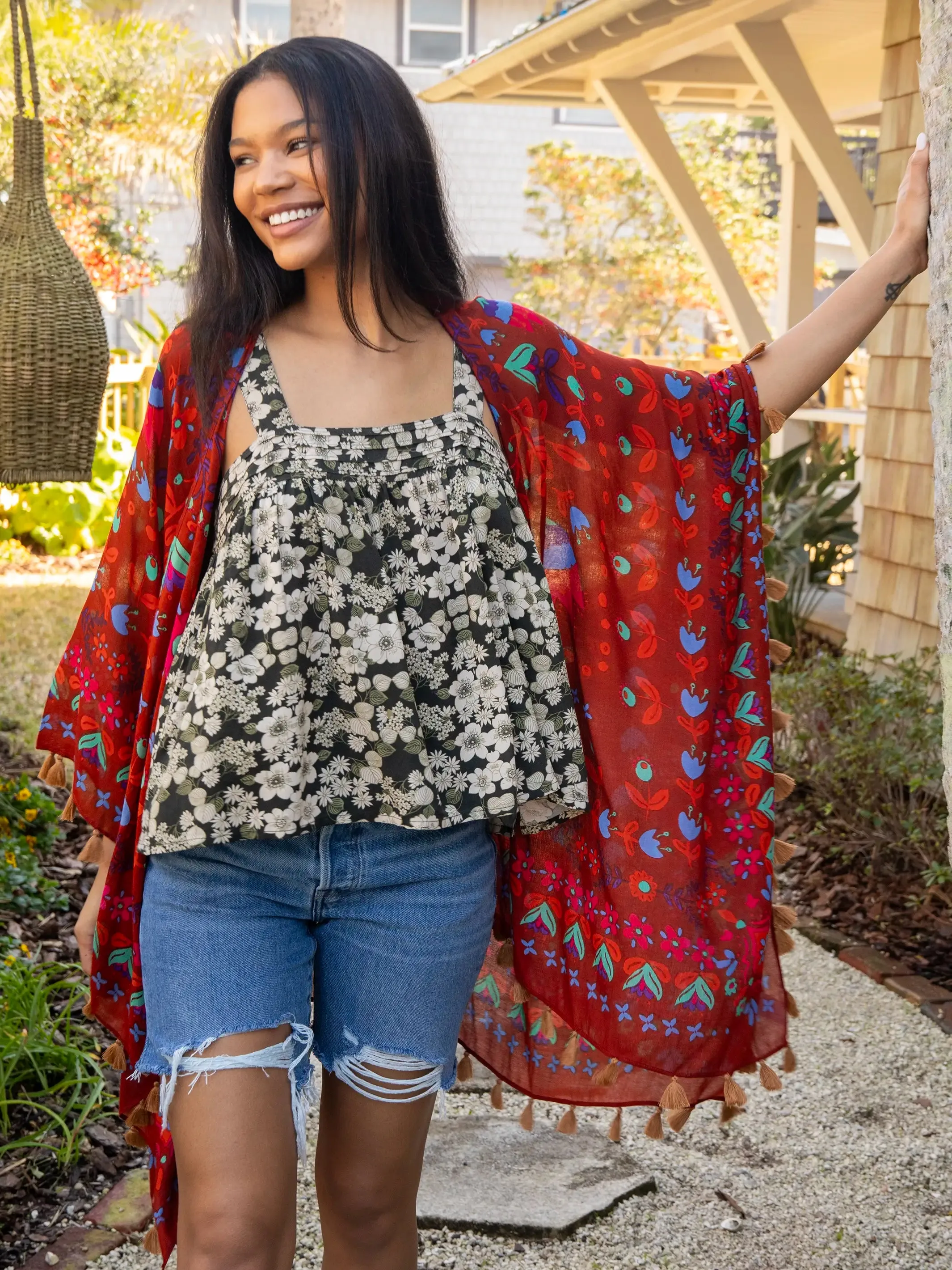 Soleil Tassel Kimono - Red Floral Border sold by NATURAL LIFE product image thumbnail 2