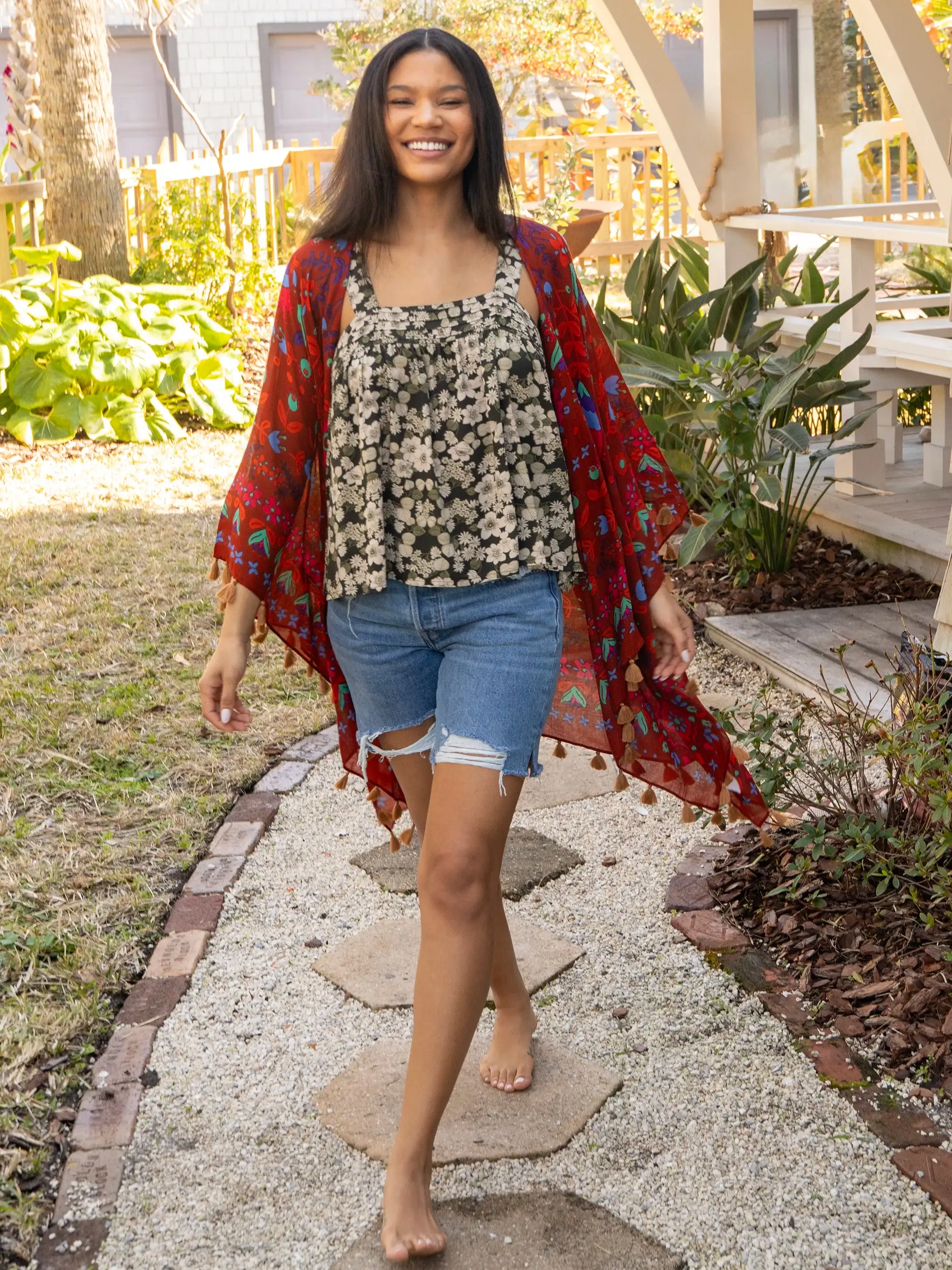Soleil Tassel Kimono - Red Floral Border sold by NATURAL LIFE product image thumbnail 3