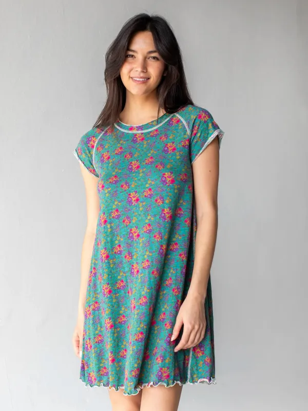 Lily Knit Cotton Tee Dress - Turquoise Floral Medallions sold by NATURAL LIFE