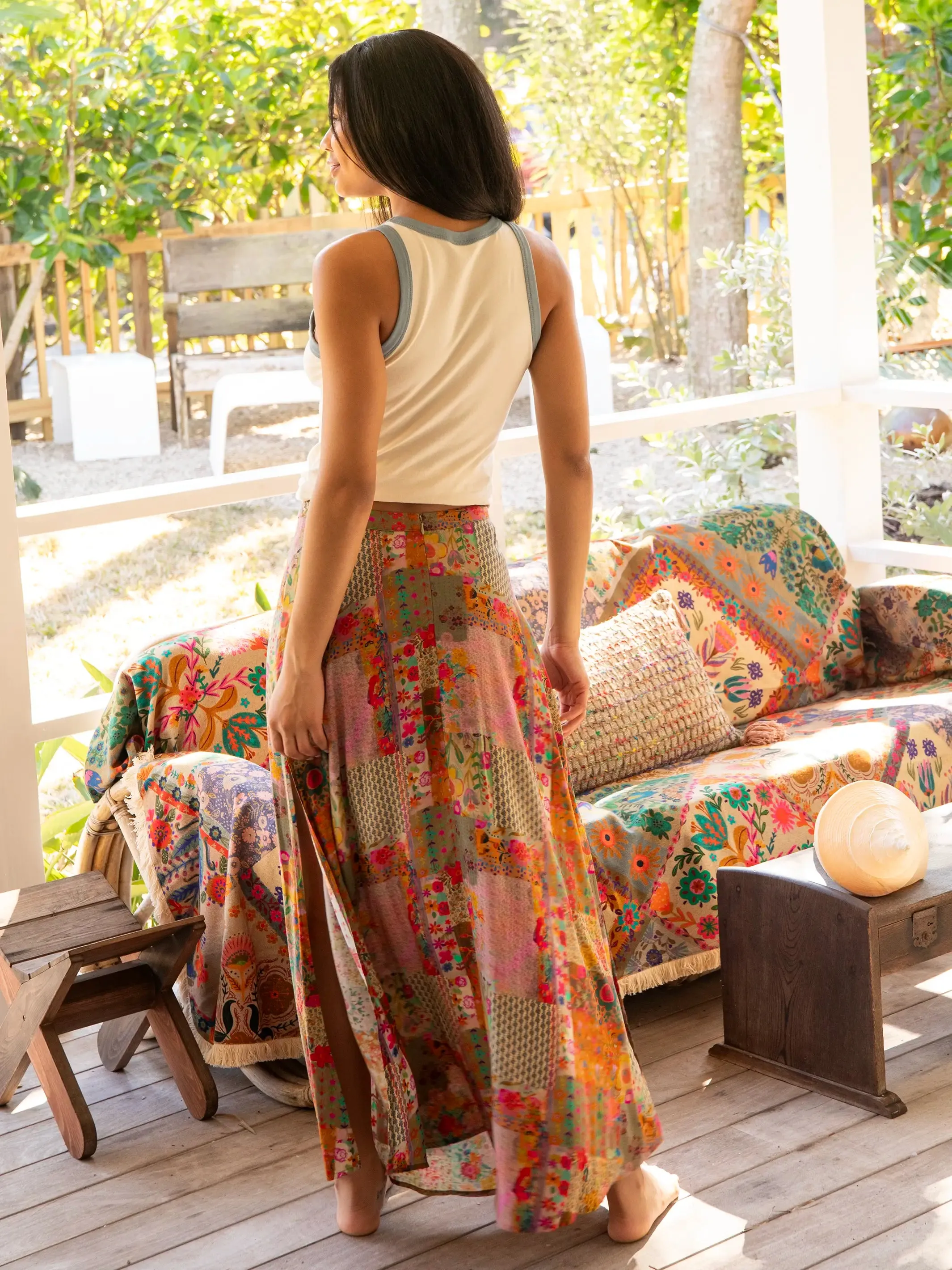Ginger Side-Slit Maxi Skirt - Pink Floral Patchwork sold by NATURAL LIFE product image thumbnail 2
