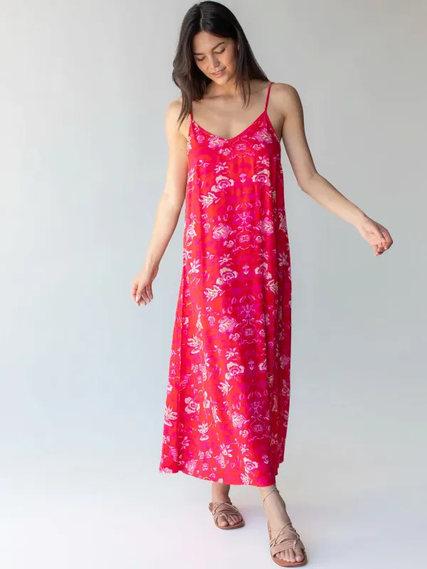 Gracie Slip Maxi Dress - Red Pink Leaf sold by NATURAL LIFE