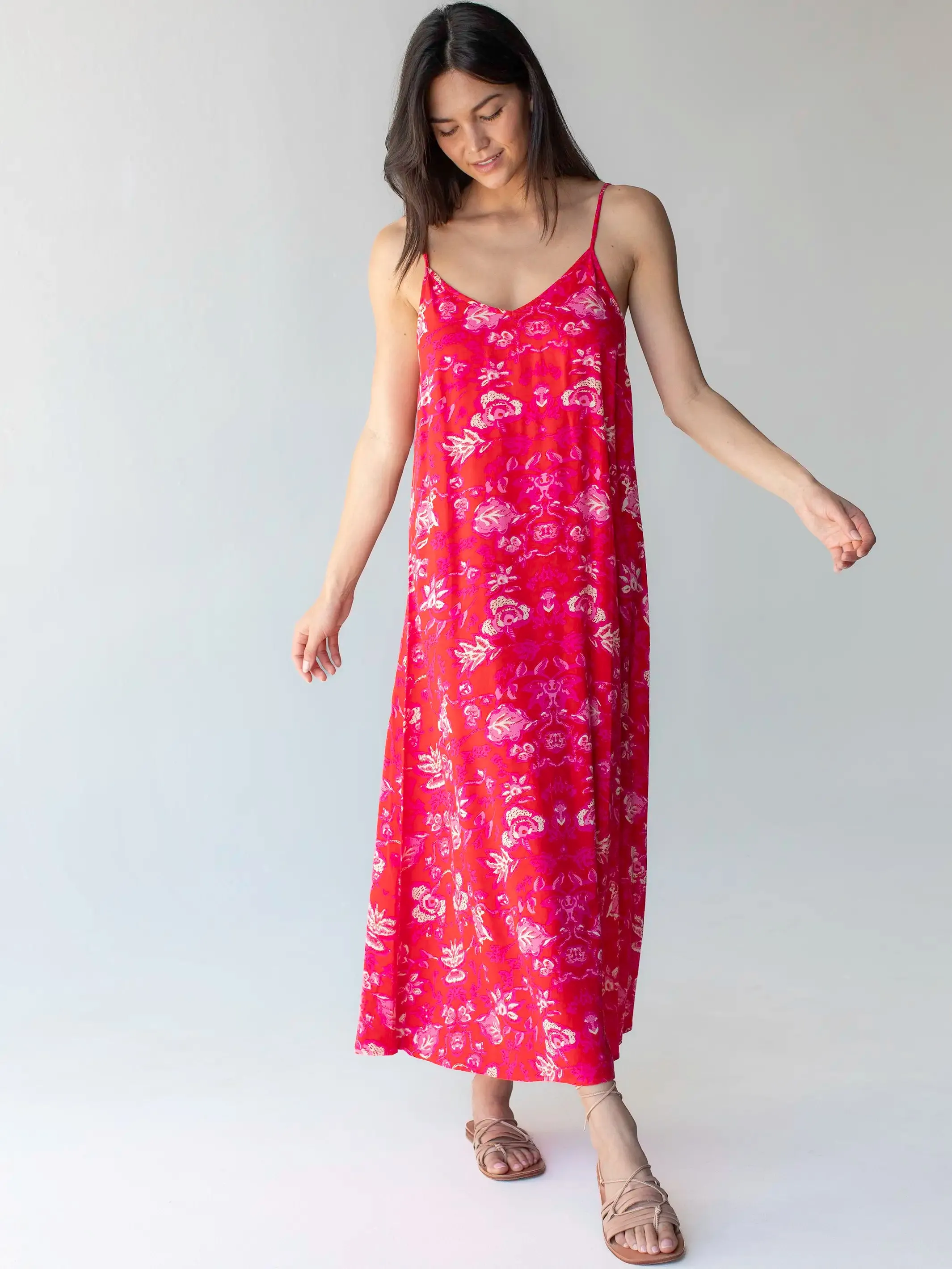 Gracie Slip Maxi Dress - Red Pink Leaf sold by NATURAL LIFE