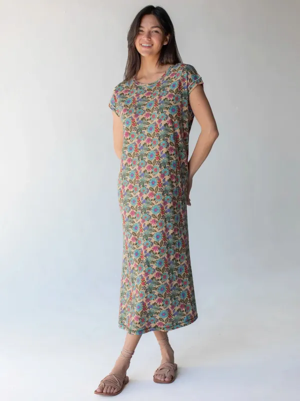 Frankie Knit Cotton Tee Midi Dress - Vintage Cream Floral sold by NATURAL LIFE