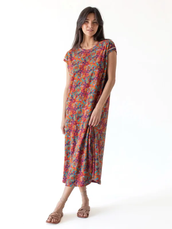 Frankie Knit Cotton Tee Midi Dress - Rust Turquoise Floral sold by NATURAL LIFE