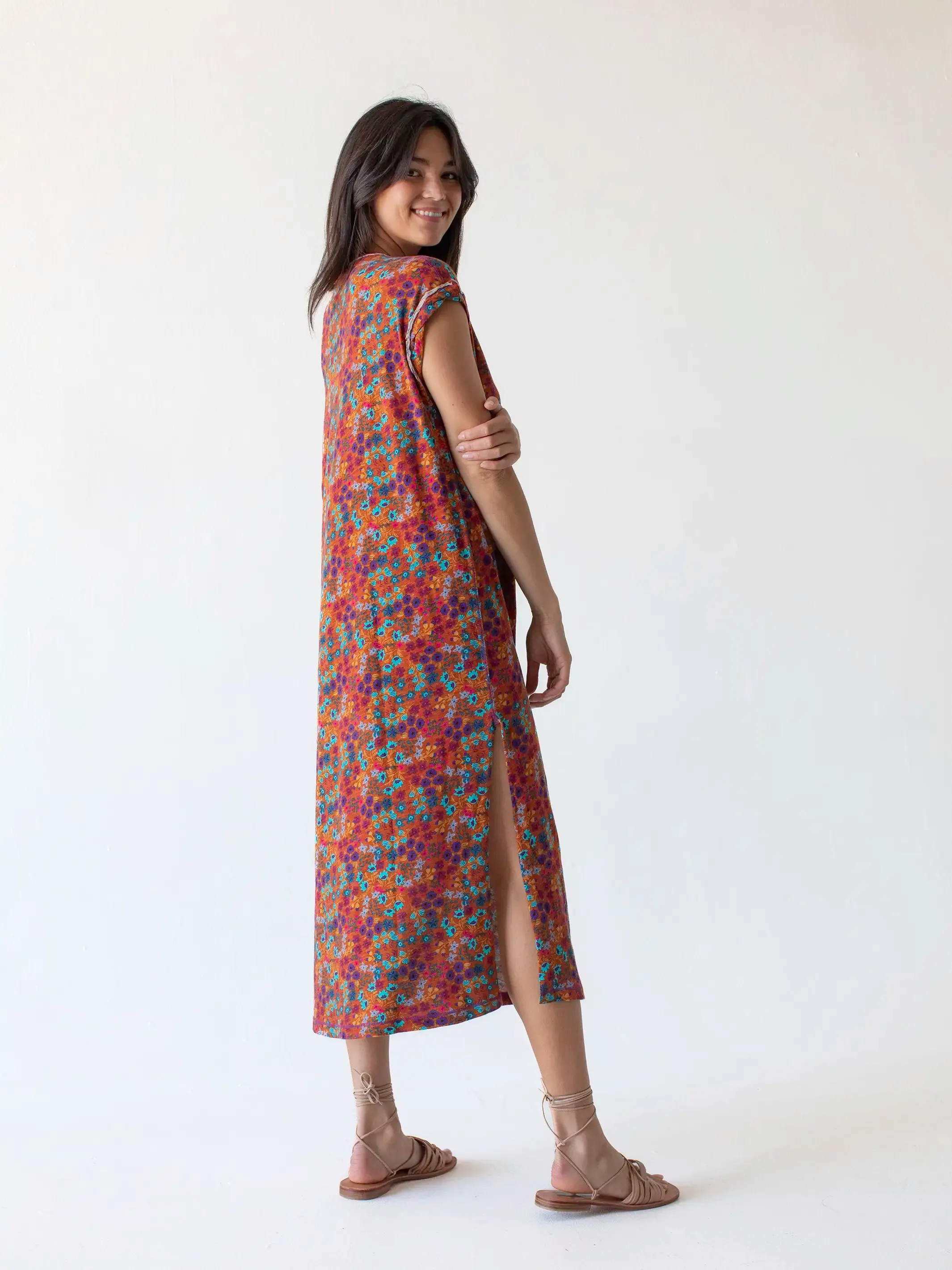 Frankie Knit Cotton Tee Midi Dress - Rust Turquoise Floral sold by NATURAL LIFE product image thumbnail 3