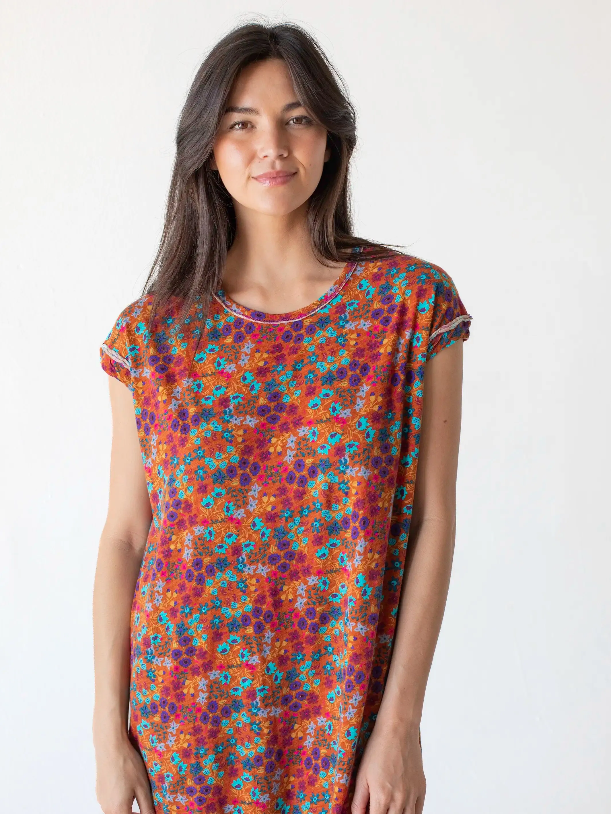 Frankie Knit Cotton Tee Midi Dress - Rust Turquoise Floral sold by NATURAL LIFE product image thumbnail 2