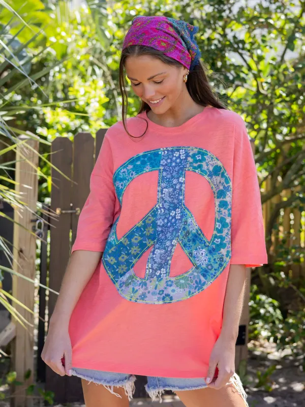 Oversized Cotton Applique Tee - Coral Peace Sign sold by NATURAL LIFE