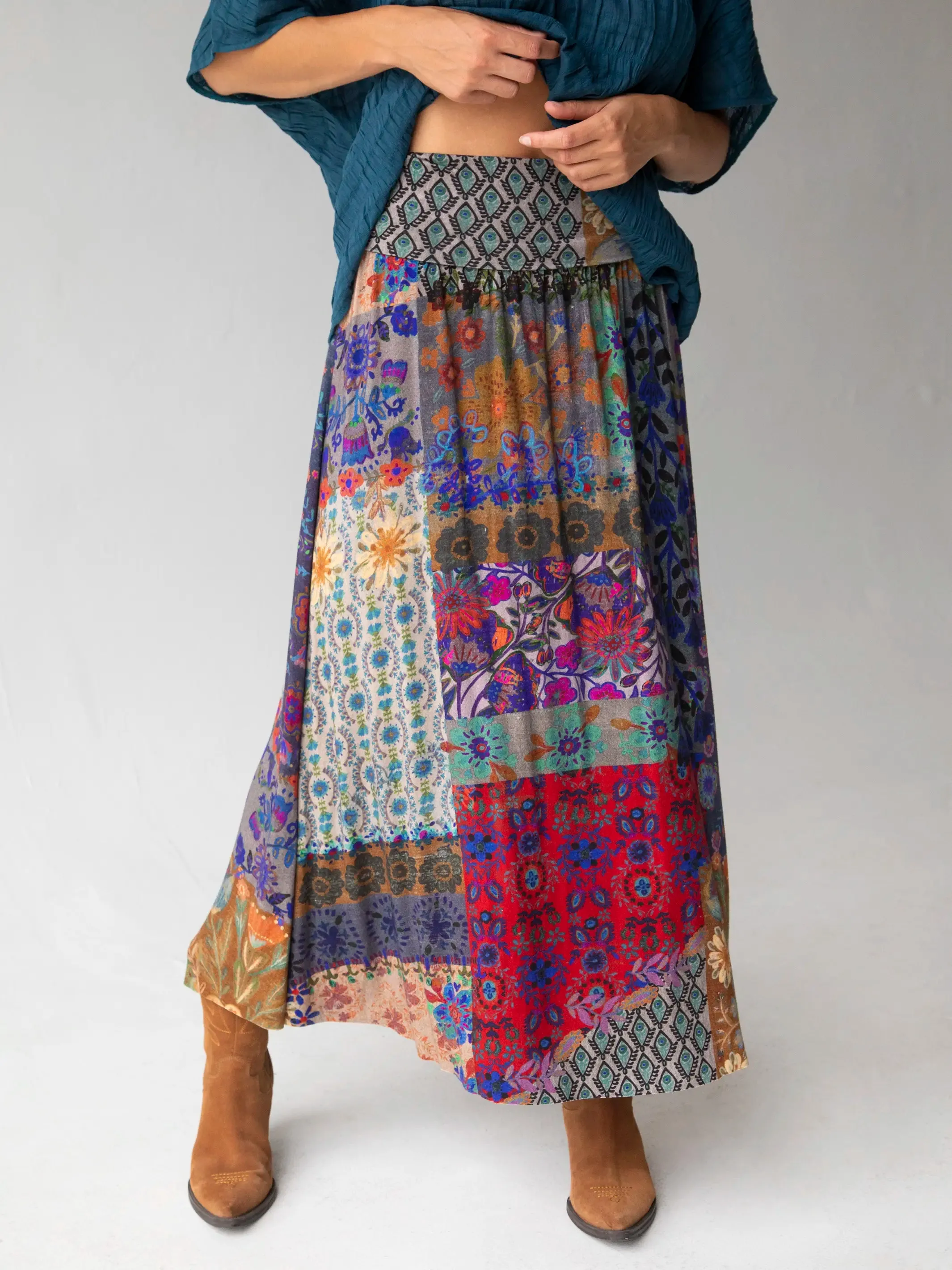 Live-In-It Knit "ButterSoft" Maxi Skirt - Blue Patchwork sold by NATURAL LIFE product image thumbnail 3