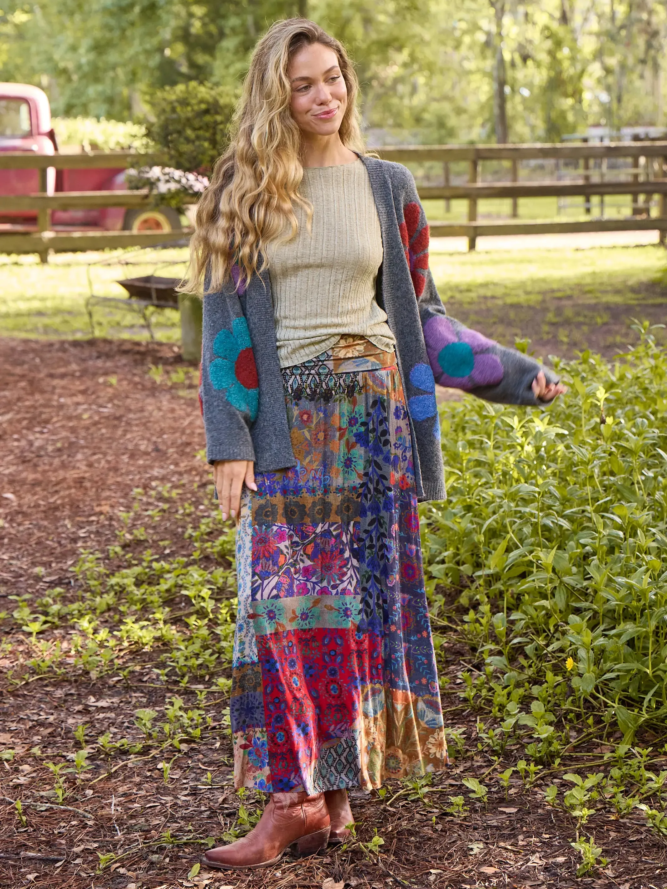 Live-In-It Knit "ButterSoft" Maxi Skirt - Blue Patchwork sold by NATURAL LIFE product image thumbnail 4