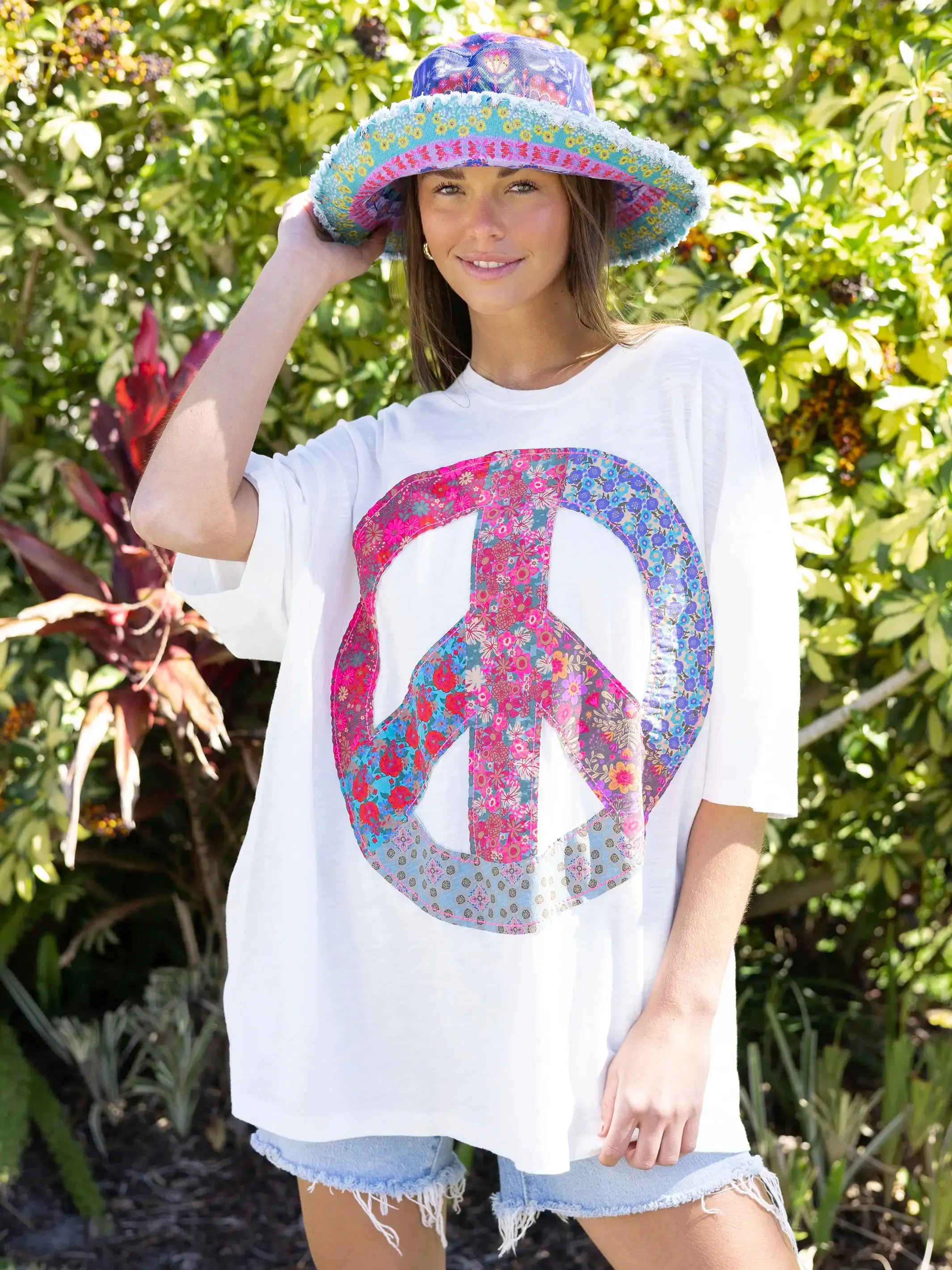 Oversized Cotton Applique Tee - Peace Sign White sold by NATURAL LIFE